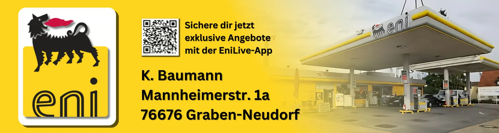 Werbebanner von eni Tankstelle K. Baumann — Tankstelle in Graben-Neudorf